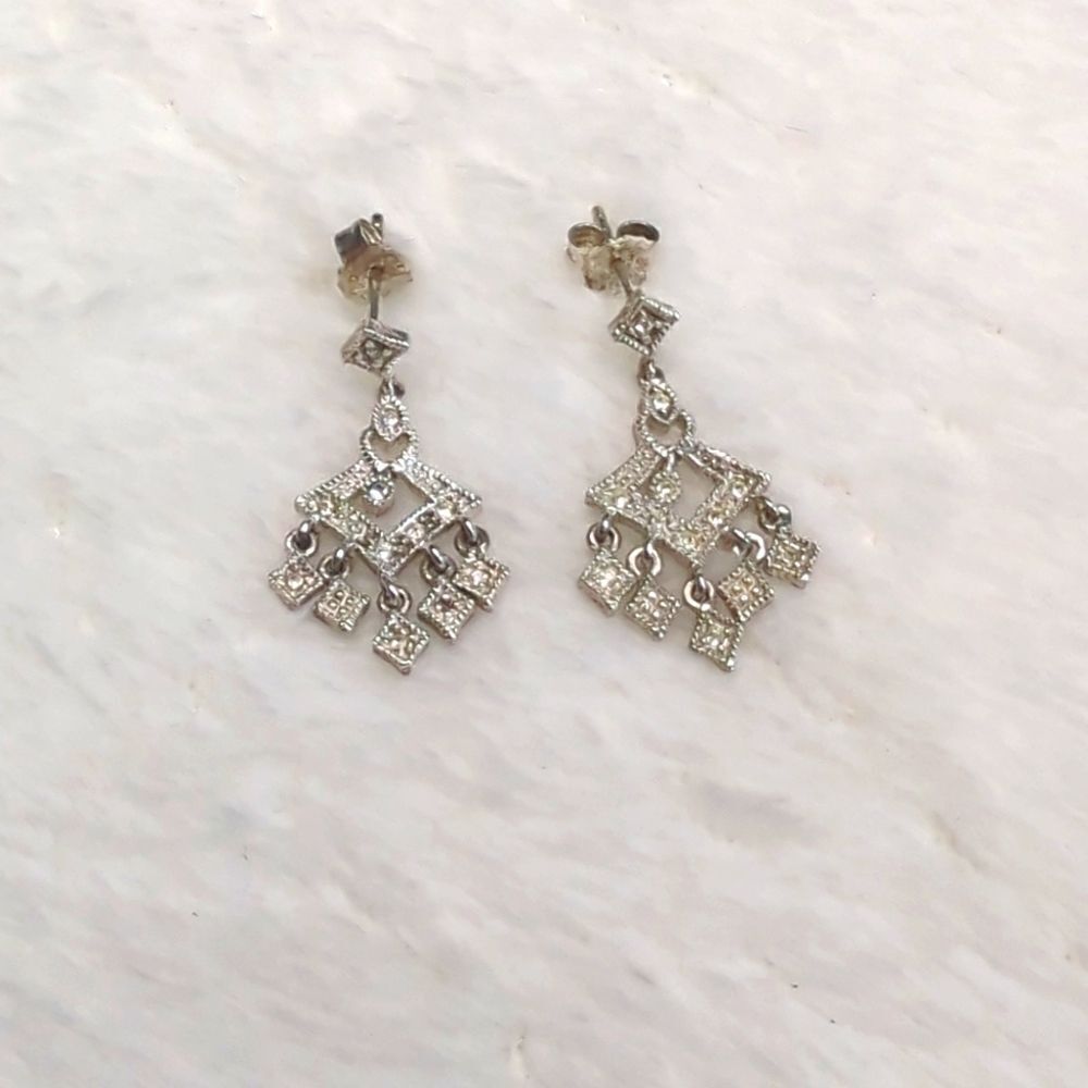 Vintage Sterling Silver and CZ Stone Drop Pierced Earrings - Picture 1 of 8